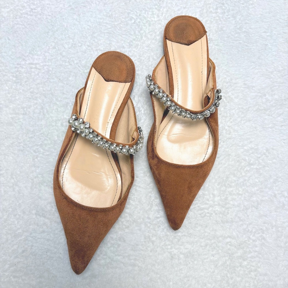 Vita Grace Cognac Suede Pearl Rhinestone Embellished Pointed Toe Mules‎ Flats 6